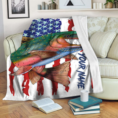Trout fly fishing American flag funny rainbow trout art custom name throw fleece blanket Cornbee