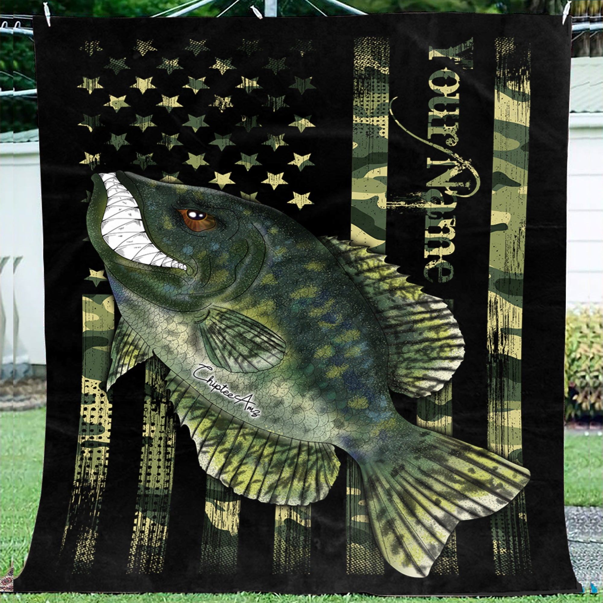 Crappie fishing American flag camo black angry crappie fish art custom throw fleece blanket Cornbee