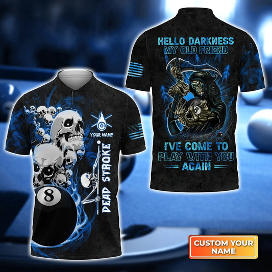 Custom Billiard Men Polo Shirt -Billiard Pool 8 Ball Hello Darkness My Old Friend Blue Galaxy Personalized Name 3D Polo Shirt Gift For Billiard Players Cornbee