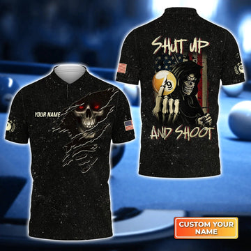 Custom Billiard Men Polo Shirt - Billiard Pool 9 Ball Skull Shut Up And Shoot Personalized Name, Perfect Billiard Polo Shirt For Men, Billiard Players Cornbee