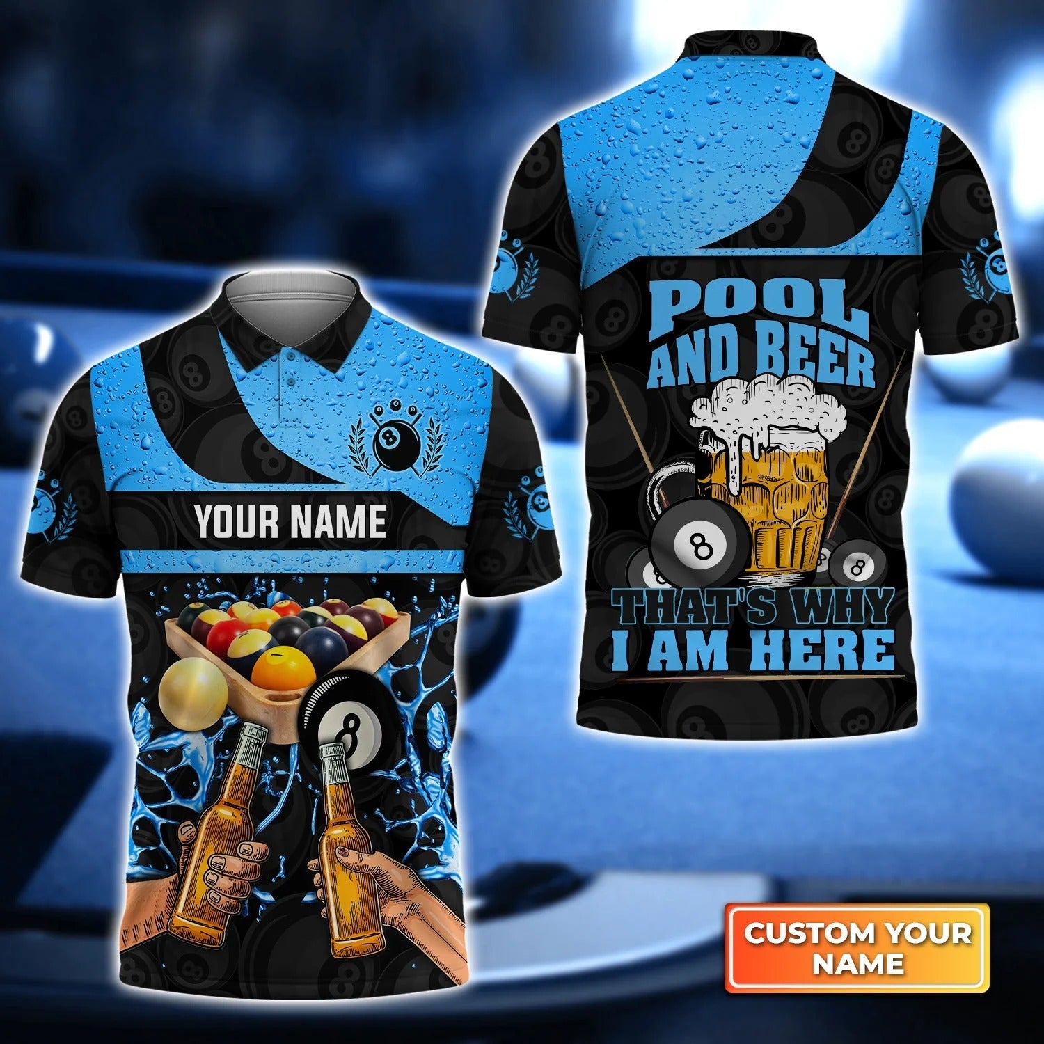 Custom Billiard Men Polo Shirt - Blue Ver Eight-Ball Pool And Beer That's Why I Am Here Personalized Name - Perfect Billiard Polo Shirt For Men Cornbee