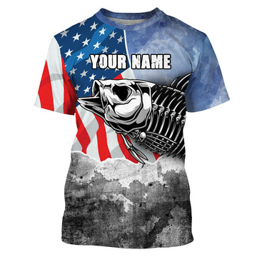 Bass Fishing Bass Skeleton American Flag Fishing custom name T-shirt Cornbee