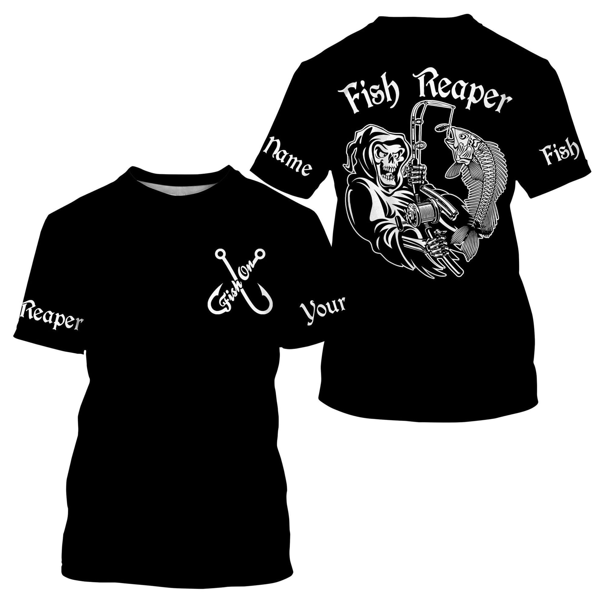 Black Fish reaper Fish on Fish skeleton Customize Name All-over Print Unisex fishing T-shirt Cornbee