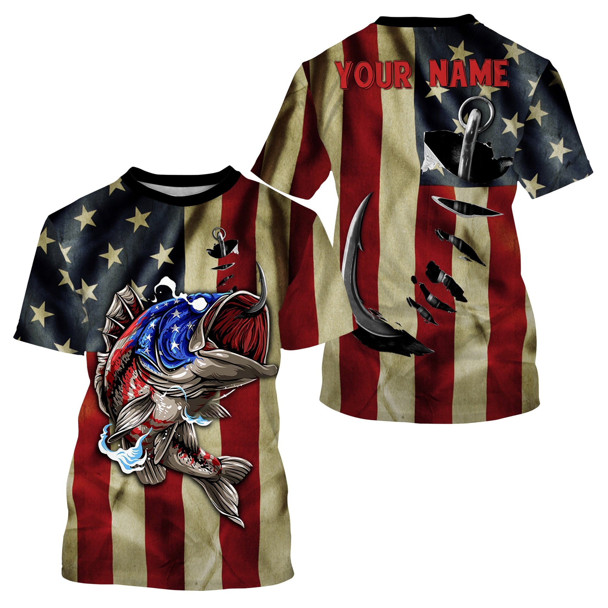 American Bass fishing shirt Vintage US flag patriotic Customize Name All-over Print Unisex fishing Cornbee