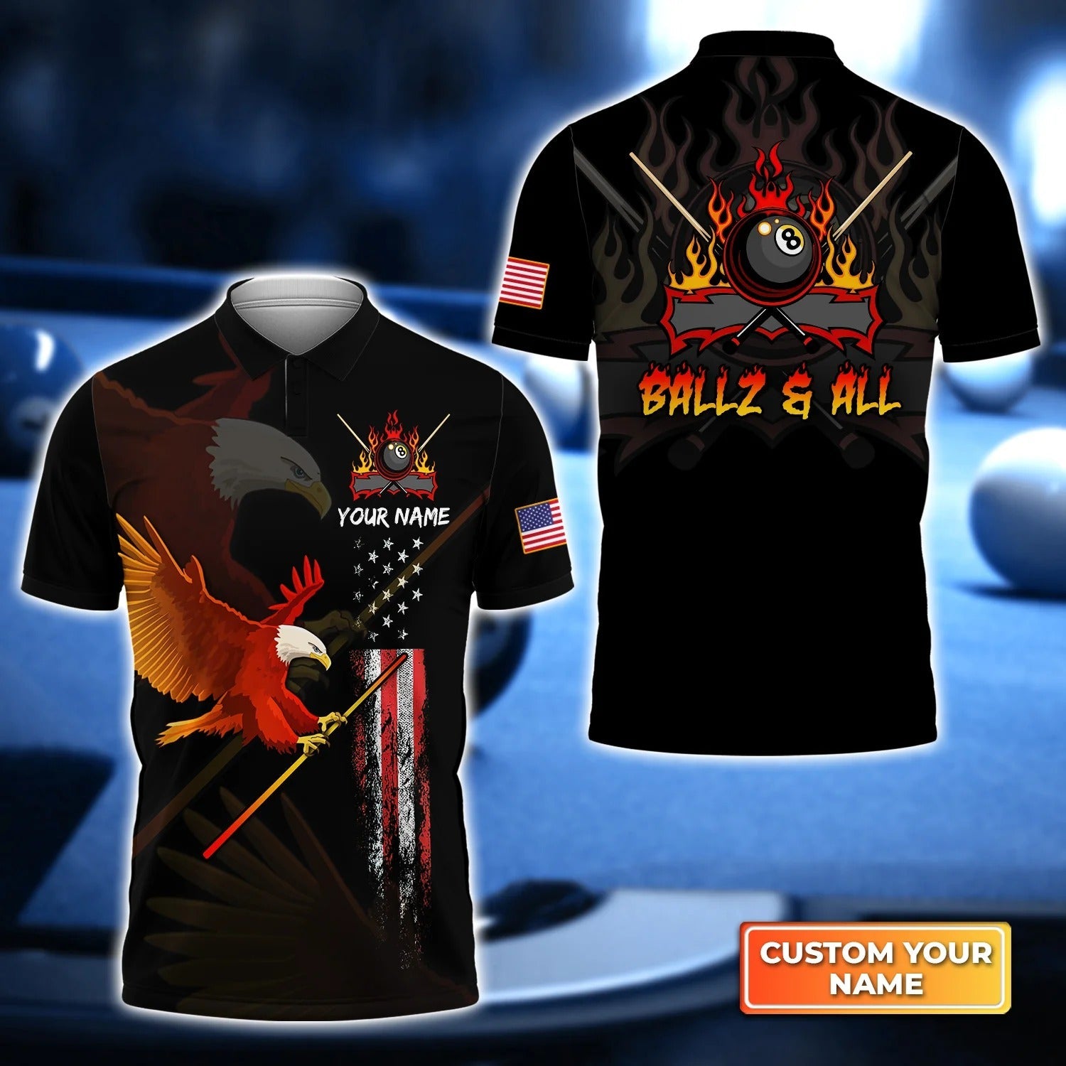 Custom Billiard Men Polo Shirt - Eagle BALLZ & ALL Team Bones 8 Ball American Flag Billiards Personalized Name - Perfect Billiard Polo Shirt For Men Cornbee
