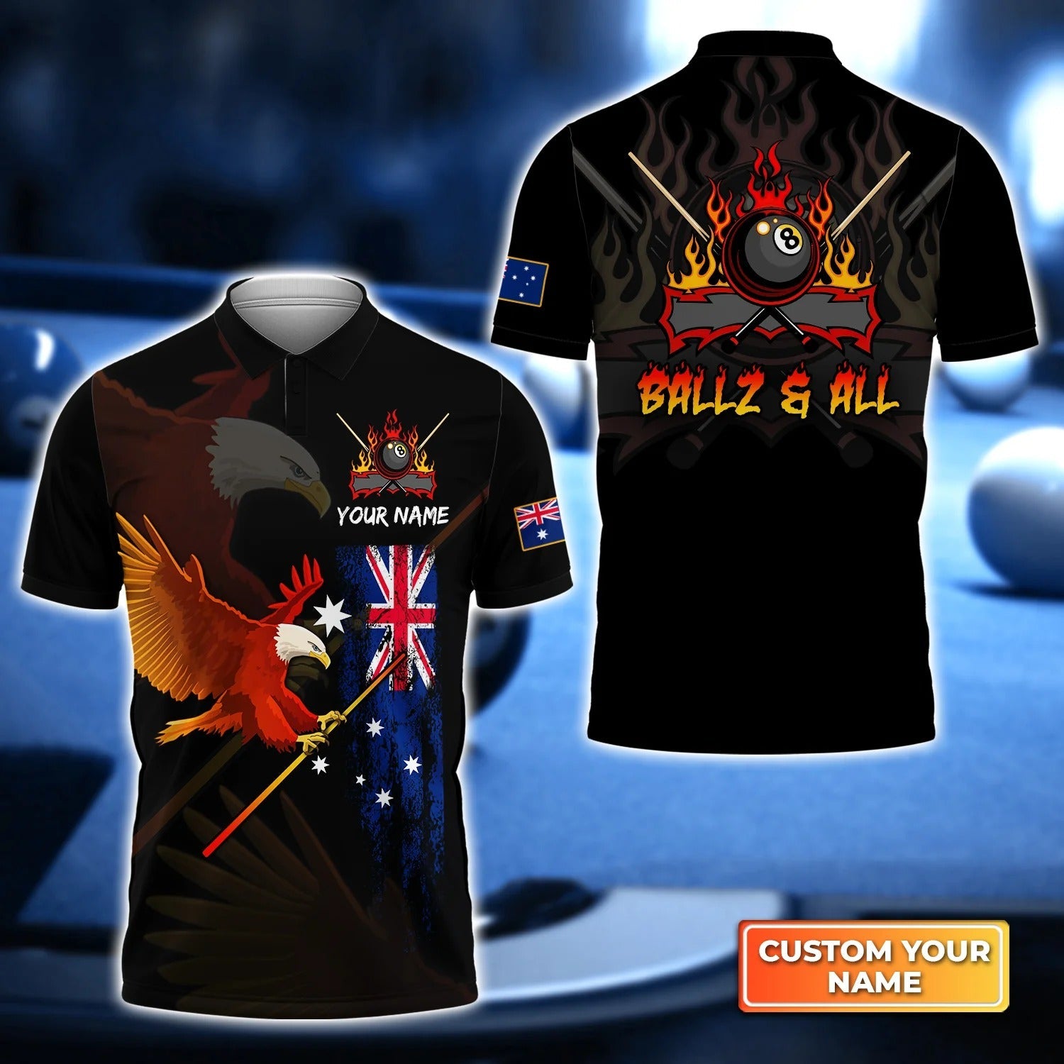 Custom Billiard Men Polo Shirt - Eagle BALLZ & ALL Team Bones 8 Ball Australia Flag Billiards Personalized Name - Perfect Billiard Polo Shirt For Men Cornbee