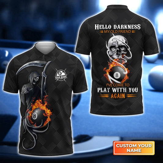 Custom Billiard Men Polo Shirt - Grim Reaper Billiard Pool 8 Ball Hello Darkness My Old Friend Personalized Name Polo Shirt Gift For Men,Billiard Lover Cornbee