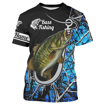 Smallmouth Bass Blue Camo Fish Hook Custom Long Sleeve Fishing Shirts Cornbee