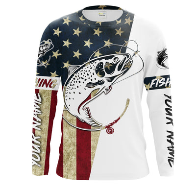 Personalized Rainbow Trout Fishing American Flag Long Sleeve Fishing Shirts, Patriotic Fishing gifts Cornbee