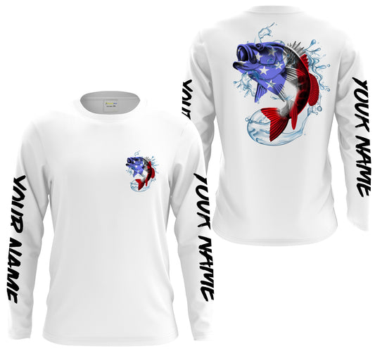 Bass Fishing American Flag Custom Long sleeve performance Fishing Shirts, Patriotic Bass Fishing Cornbee