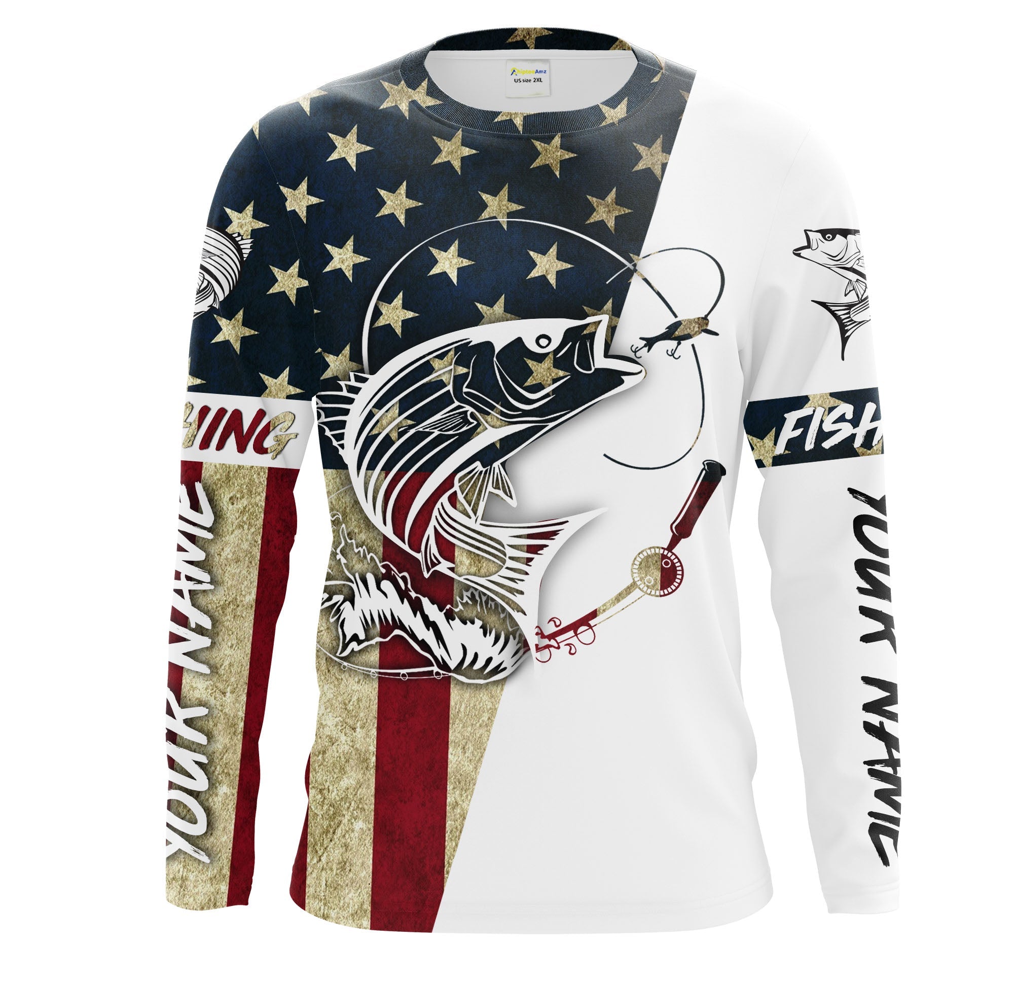 Striped Bass Fishing American Flag Custom UV Long Sleeve Fishing Shirts, personalized Patriotic Fishing gifts Cornbee