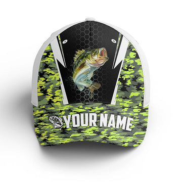 Custom Bass Fishing Hat For Men And Women, Bass Fishing Baseball Cap Gifts For Anglers| Green Camo Cornbee