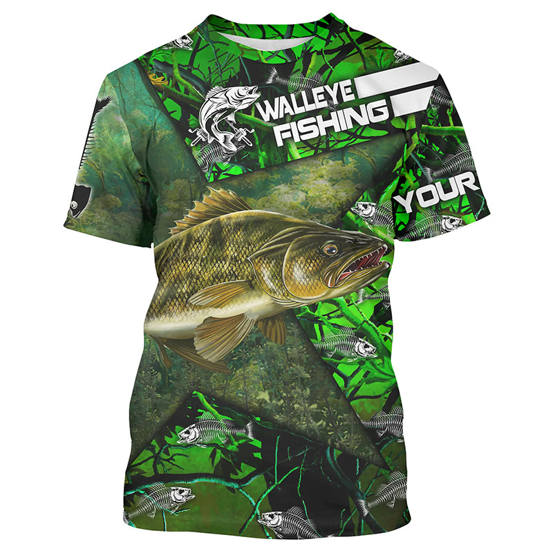 Walleye Fishing Fish Skeleton Custom Long Sleeve Fishing Shirts Fishing Jerseys For Men | Green Camo Cornbee