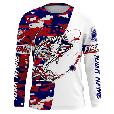 Personalized Bass Fishing Red, White And Blue camo Fishing Shirts, Patriotic Bass Fishing jerseys Cornbee