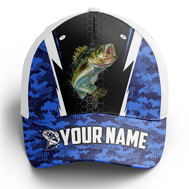 Bass Fishing Adjustable Baseball Trucker Angler Hat Cap, Personalized Fishing Gifts | Blue Camo Cornbee