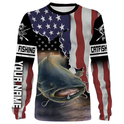 Flathead Catfish Fishing American Flag Custom Long Sleeve Fishing Shirts, Patriotic tournament Fishing Shirts Cornbee