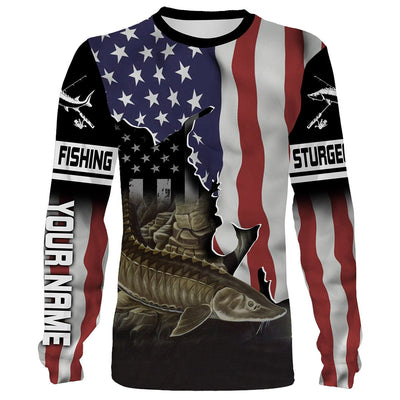 Sturgeon Fishing American Flag Custom Long Sleeve Fishing Shirts, Patriotic tournament Fishing Shirts Cornbee