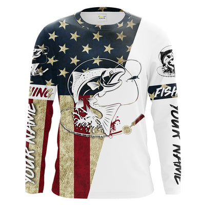 Chinook King Salmon American Flag Custom Long Sleeve Fishing Shirts, Patriotic Fishing gifts Cornbee