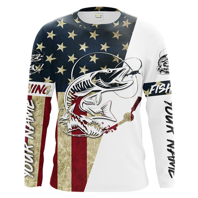 Personalized Musky Fishing American Flag Long Sleeve Fishing Shirts, Patriotic Fishing gifts Cornbee