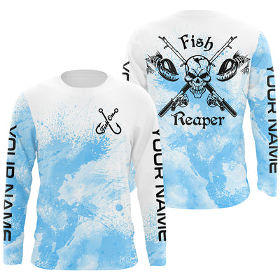 Fish on Fish reaper Custom Long Sleeve performance Fishing Shirts, personalized blue Fishing jersey Cornbee