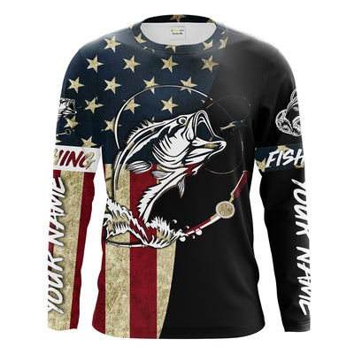Personalized Bass Fishing American Flag Custom Long Sleeve Fishing Shirts, personalized Patriotic Fishing gifts Cornbee