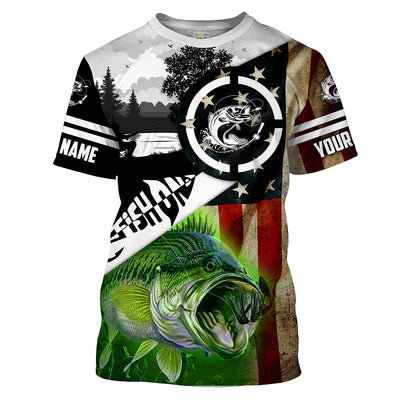 Largemouth Bass Fishing American flag patriot performance fishing shirt UV protection customize name long sleeve UPF 30+ Cornbee