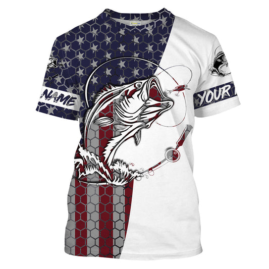 Bass Fishing American Flag Custom Long Sleeve performance Fishing shirts, persoanlized Patriotic Bass Fishing  Cornbee
