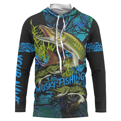 Musky (Muskie) Fishing blue camo Custom Long sleeve Fishing Shirts Cornbee