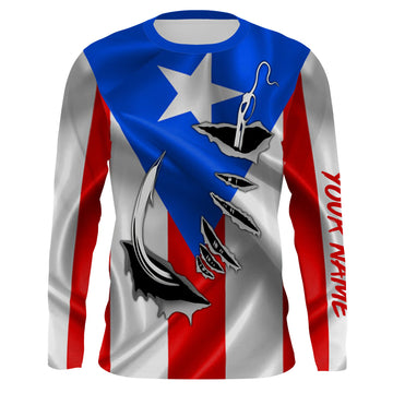Puerto Rico Fishing 3D Fish Hook Flag UV protection quick dry custom name long sleeves shirts UPF 30+ personalized Patriotic Fishing gifts Cornbee