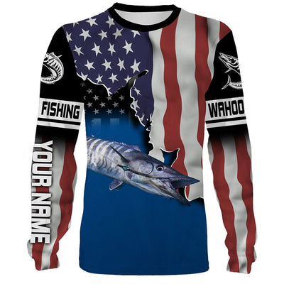 Wahoo Fishing American Flag Custom Long Sleeve Fishing Shirts, Patriotic tournament Fishing Shirts Cornbee
