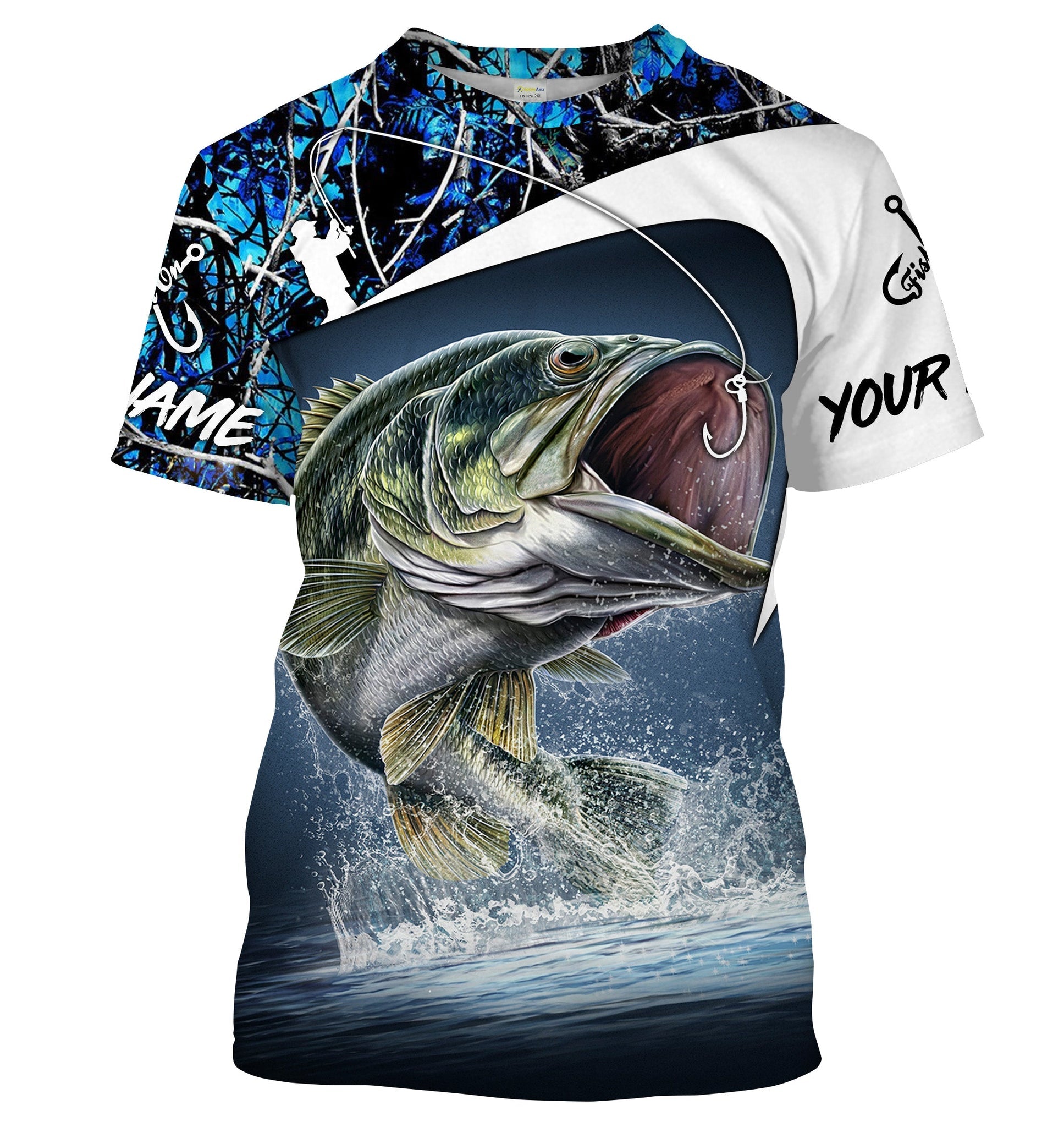 Personalized Largemouth Bass Fishing Jerseys For Men, Bass Long Sleeve Fishing Shirt Blue Camo Cornbee