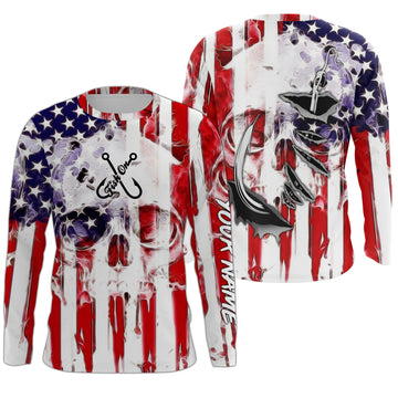 American Flag Skull Fish Hook Long Sleeve Fishing Shirts, Personalized Patriotic Fishing Gifts FEB21 Cornbee