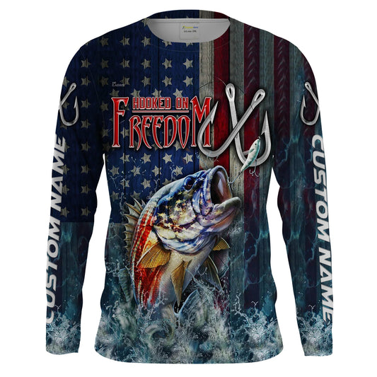Bass Fishing American Flag Fishing Shirts, personalized Patriotic Fishing gifts Hookded on Freedom Cornbee