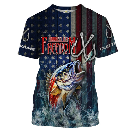 Bass Fishing American Flag Fishing Shirts, personalized Patriotic Fishing gifts Hookded on Freedom Cornbee