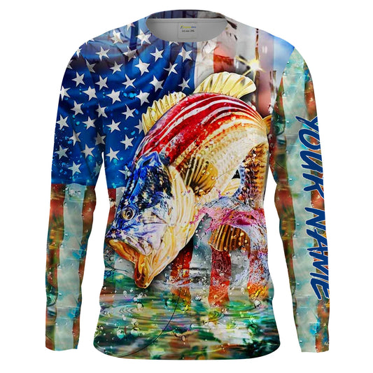 Bass Fishing American Flag Custom UV Long Sleeve Fishing Shirts, Patriotic 4th of July Fishing Shirts Cornbee