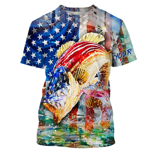 Bass Fishing American Flag Custom UV Long Sleeve Fishing Shirts, Patriotic 4th of July Fishing Shirts Cornbee