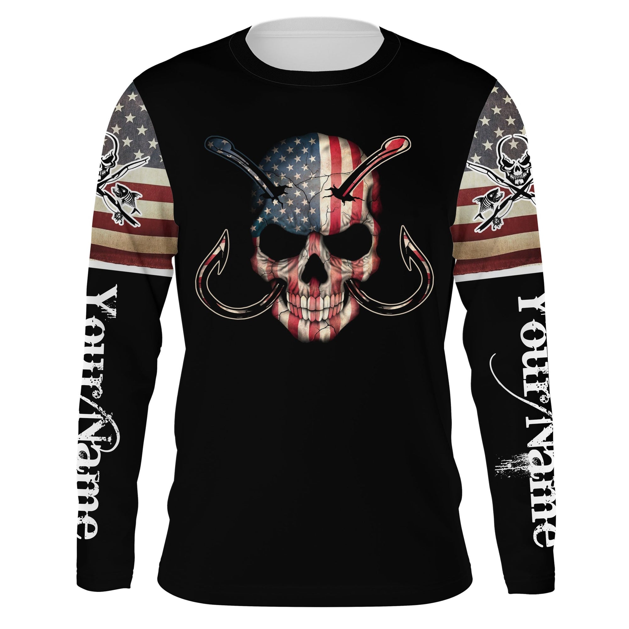 US Fishing Skull American Flag Fish hook Sun / UV protection quick dry customize name long sleeves shirts UPF 30+ personalized Patriotic fishing apparel gift for Fishing lovers Cornbee