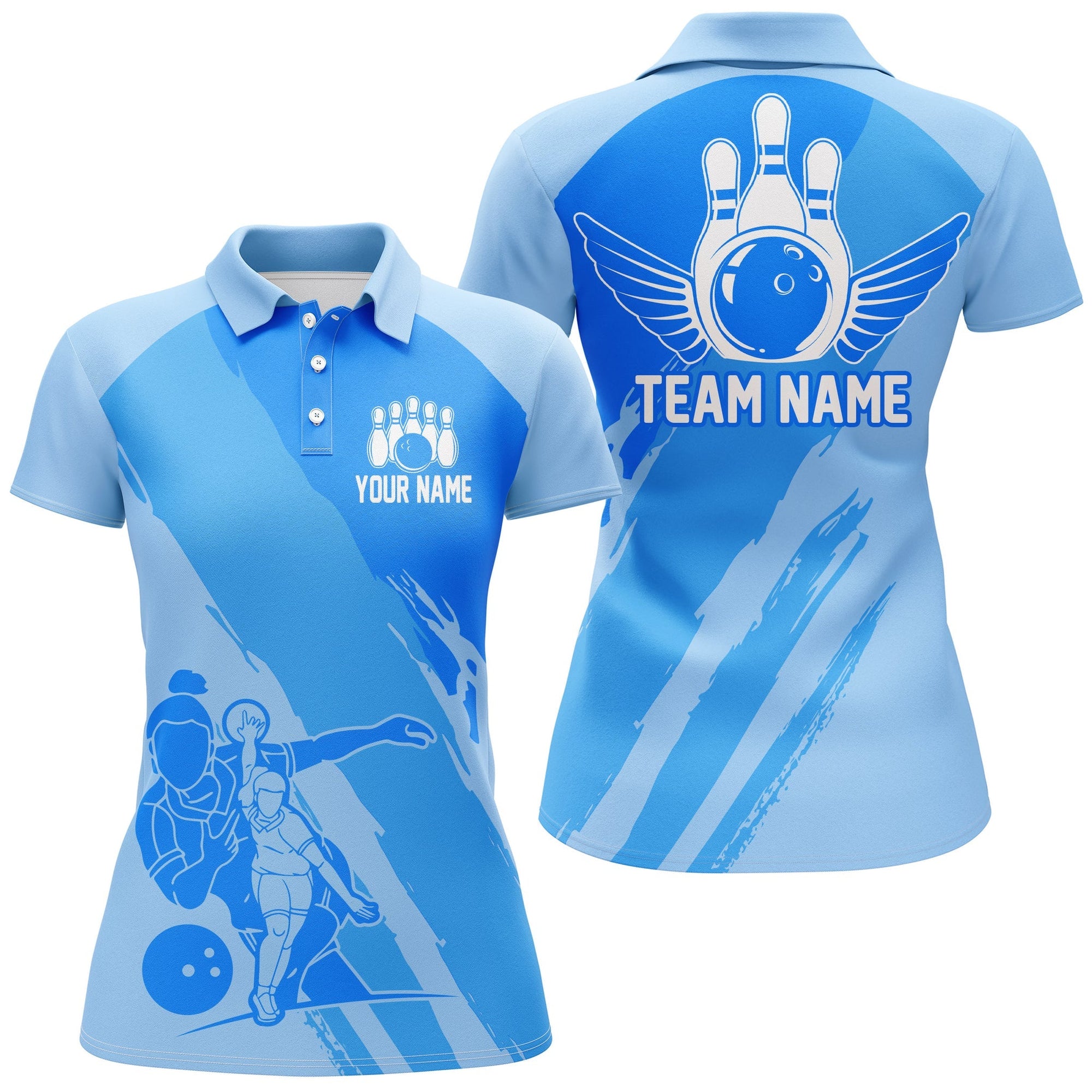 Personalized Cyan Bowling Player Classic  Name All Over Printed Shirt For Women Cornbee