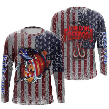 Redfish Puppy Drum Fishing American Flag Hooked on Freedom UV protection quick dry customize name long sleeves shirts UPF 30+ personalized Patriotic fishing apparel gift for Fishing lovers Cornbee