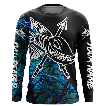 Black Teal Blue Camo Bowfishing Shirts, Bow Fishing Long Sleeve Performance Shirts Cornbee