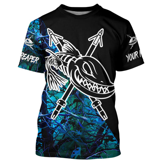 Black Teal Blue Camo Bowfishing Shirts, Bow Fishing Long Sleeve Performance Shirts Cornbee