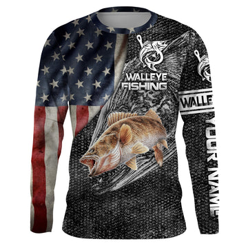 Walleye Fishing American Flag patriotic Custom Name 3D All Over Printed Shirts UV protection quick dry UPF 30+ Personalized fishing gift idea Cornbee