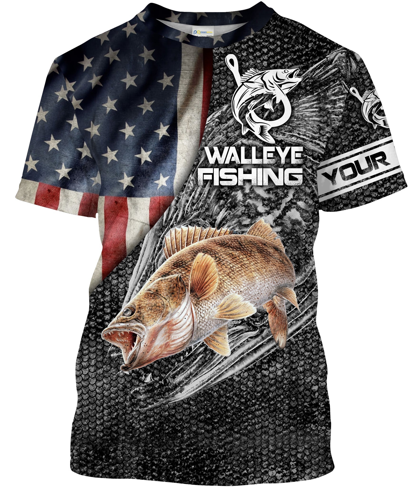 Walleye Fishing American Flag patriotic fish skull Customize Name