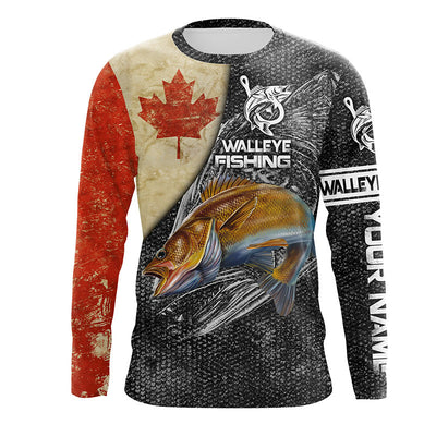 Vintage Canadian Flag Walleye Fishing Custom long sleeve performance Fishing Shirts Cornbee