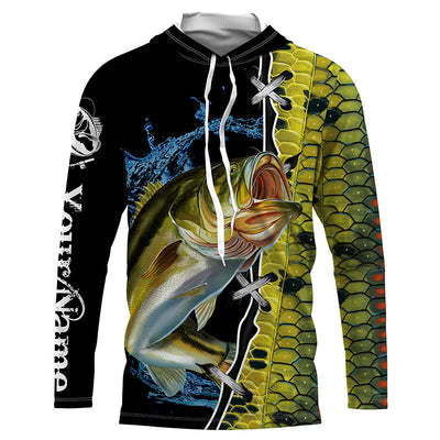 Largemouth Bass fishing green bass scales Custom name Bass fishing Long sleeve, Long Sleeve Hooded Cornbee