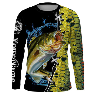 Largemouth Bass fishing green bass scales Custom name Bass fishing Long sleeve, Long Sleeve Hooded Cornbee