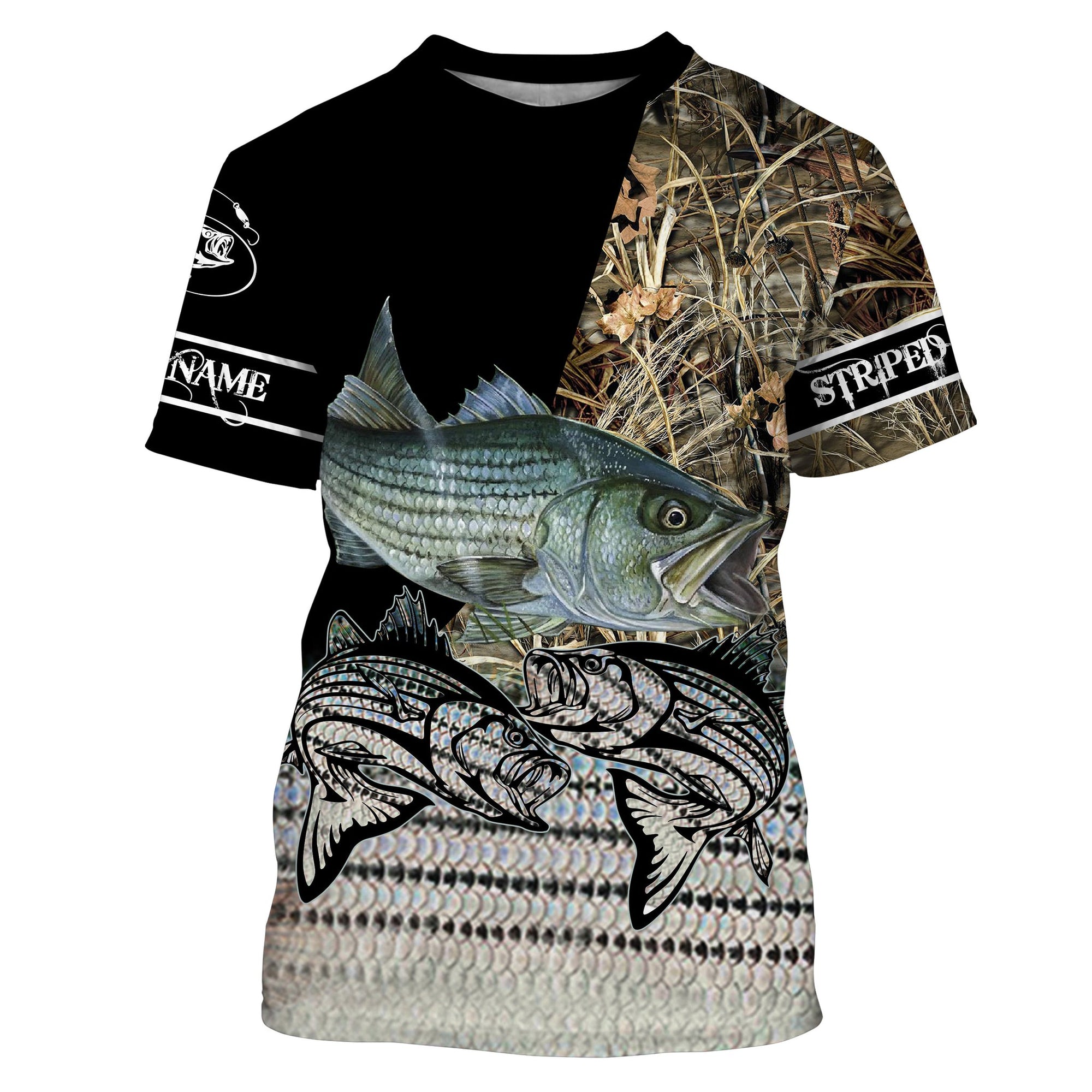 Striped Bass Striper fishing silver scales Camo Custom Name 3D All Over Printed Shirts, Gifts for Fisherman | Tshirt Cornbee
