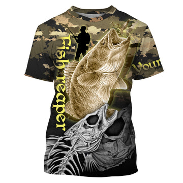 Walleye Fishing fish skull reaper camouflage Customize Name All-over Print Unisex fishing T-shirt Cornbee