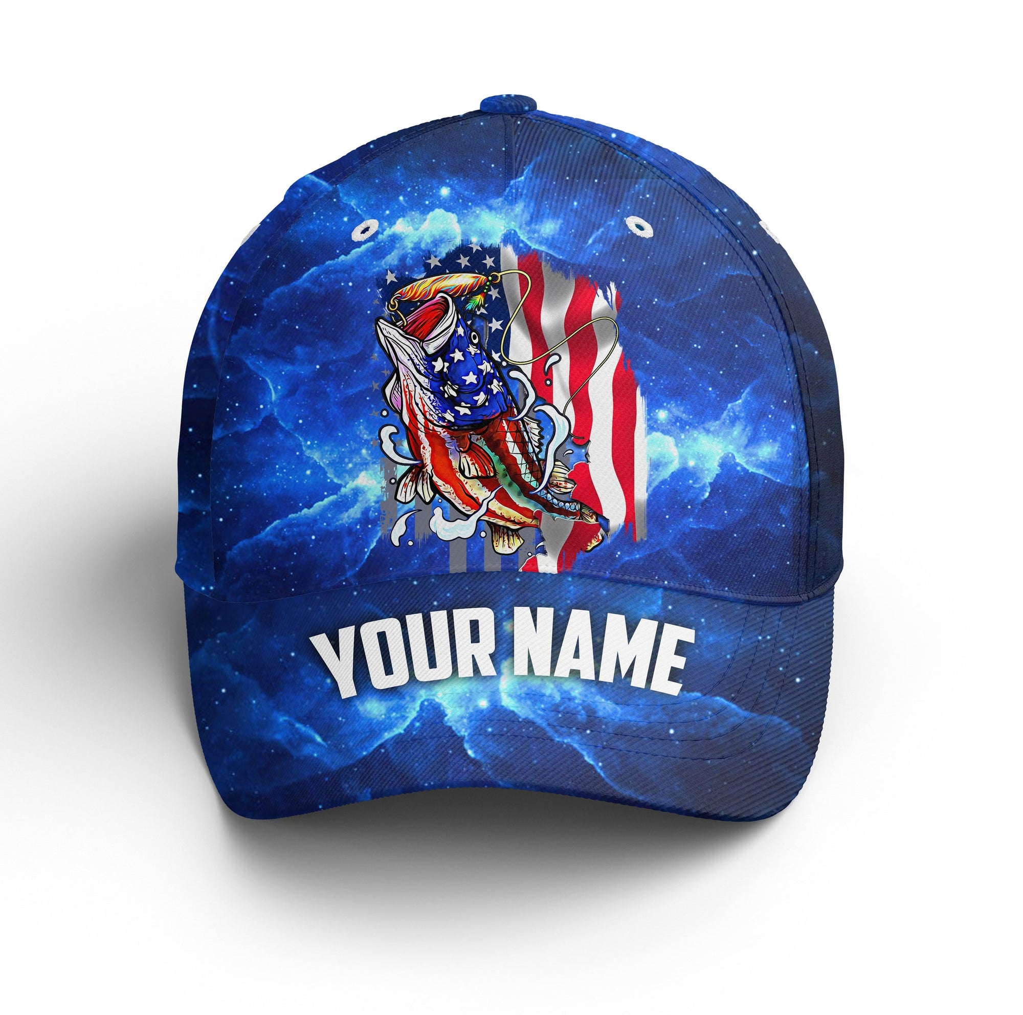 Bass Fishing 3D American Flag patriotic blue galaxy Custom fishing hat Unisex Fishing Baseball Angler hat Cornbee