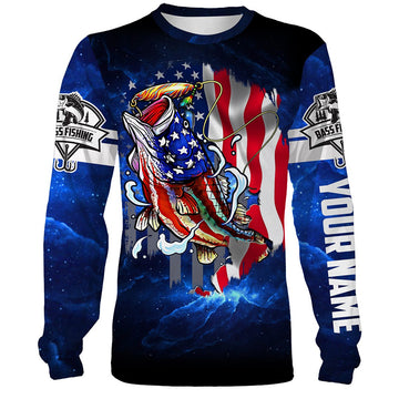 Bass Fishing 3D American Flag patriotic Customize name All over print shirts  Cornbee